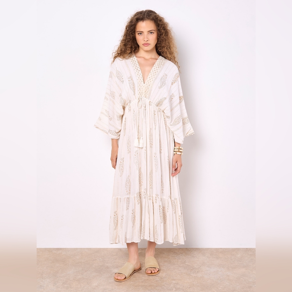 Paisley Boho Lurex Double V-Neck Midi Dress